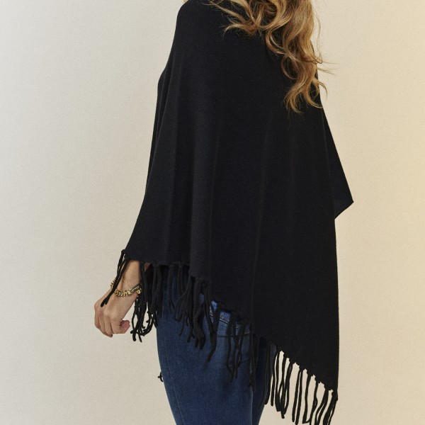 Poncho con frange colore nero  - 1